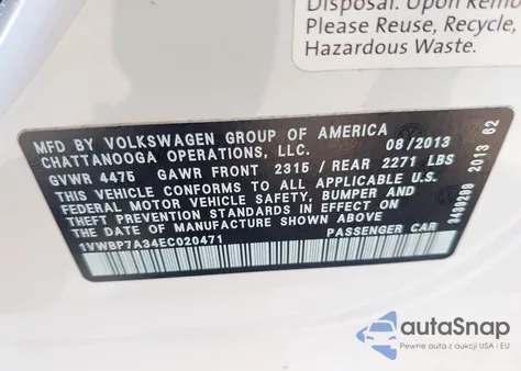 2014 Volkswagen Passat 2.5L Se z USA, uszkodzony, nr VIN 1VWBP7A34EC020471